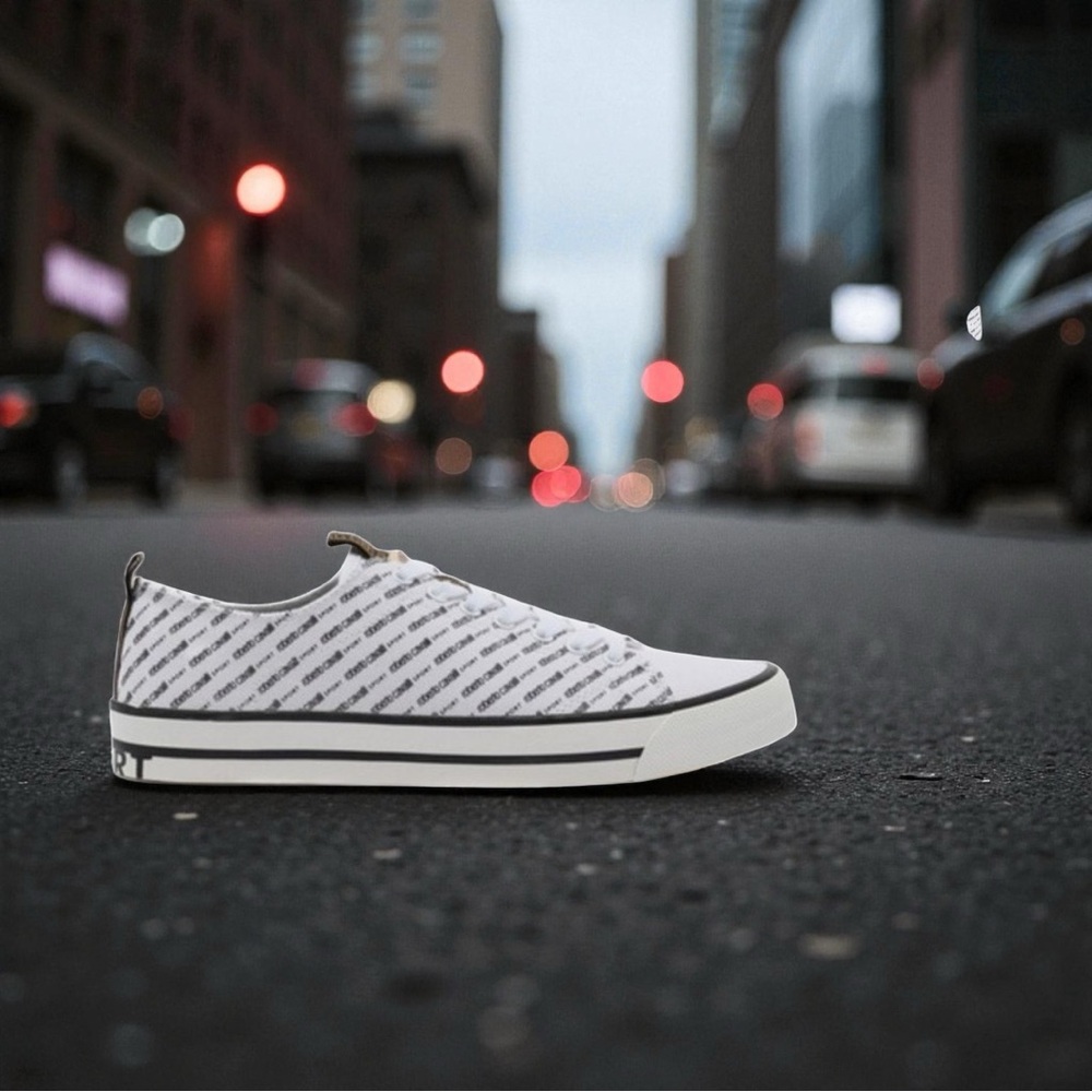 Roberto Cavalli White and Black Logo-Print Low-Top Sneaker